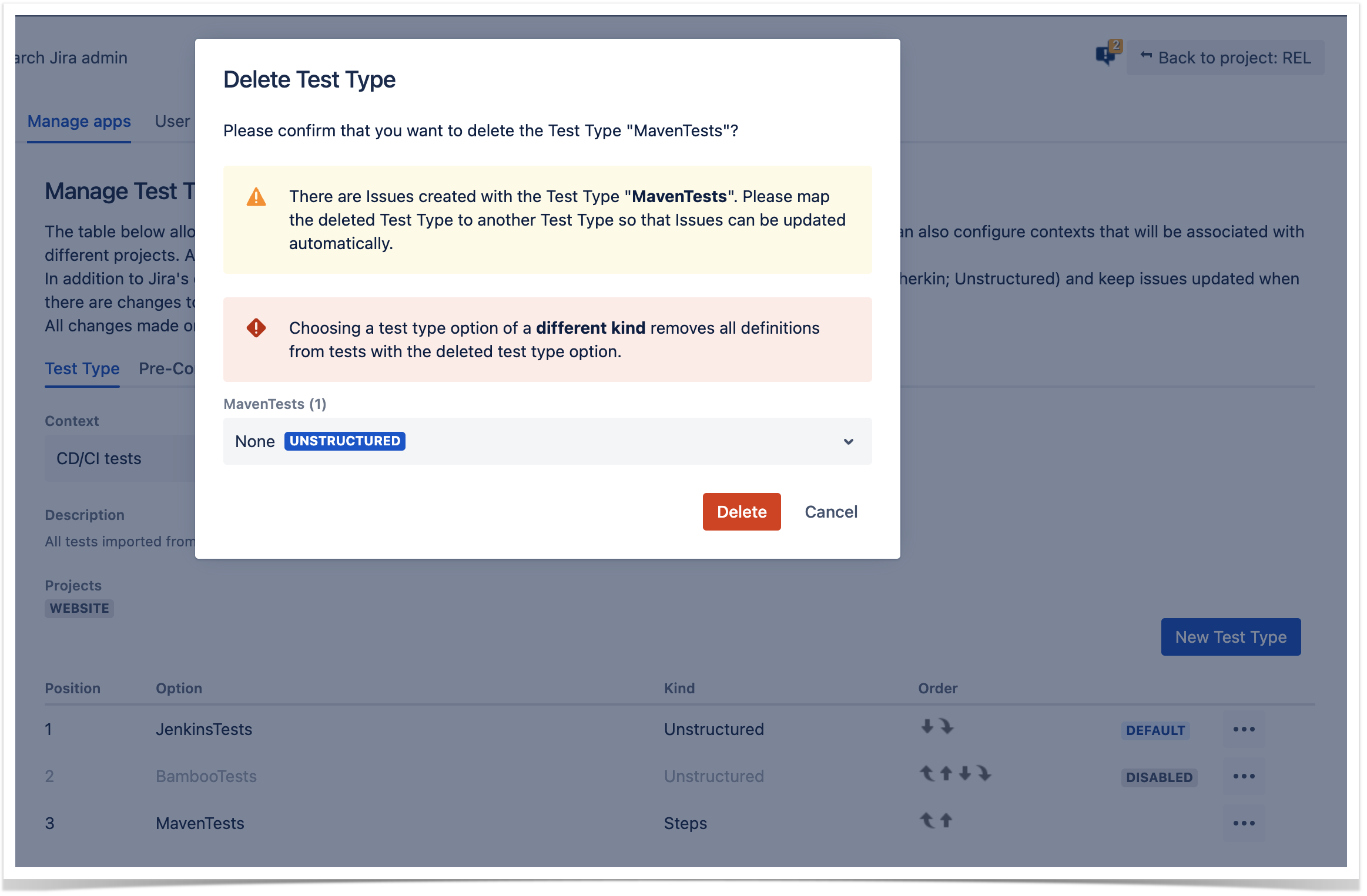 XRAY 7.6.0 > Manage Test Types > image-2024-3-20_13-36-53.png (Figure 6 - Delete) Figure 6 - Delete